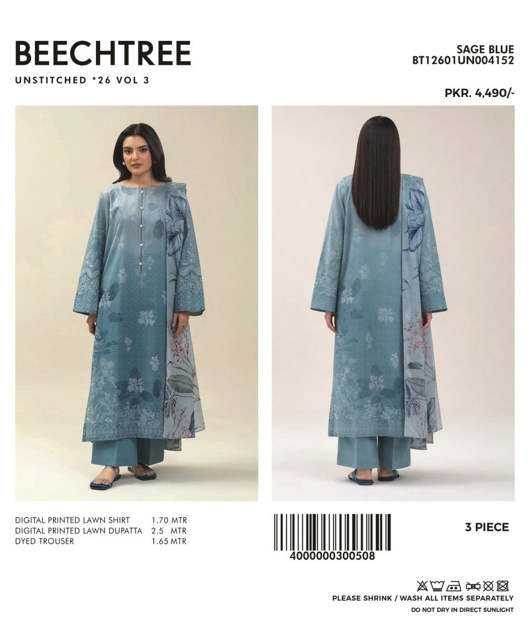 3 PIECE PRINTED LAWN SUIT-SAGE BLUE (UNSTITCHED)