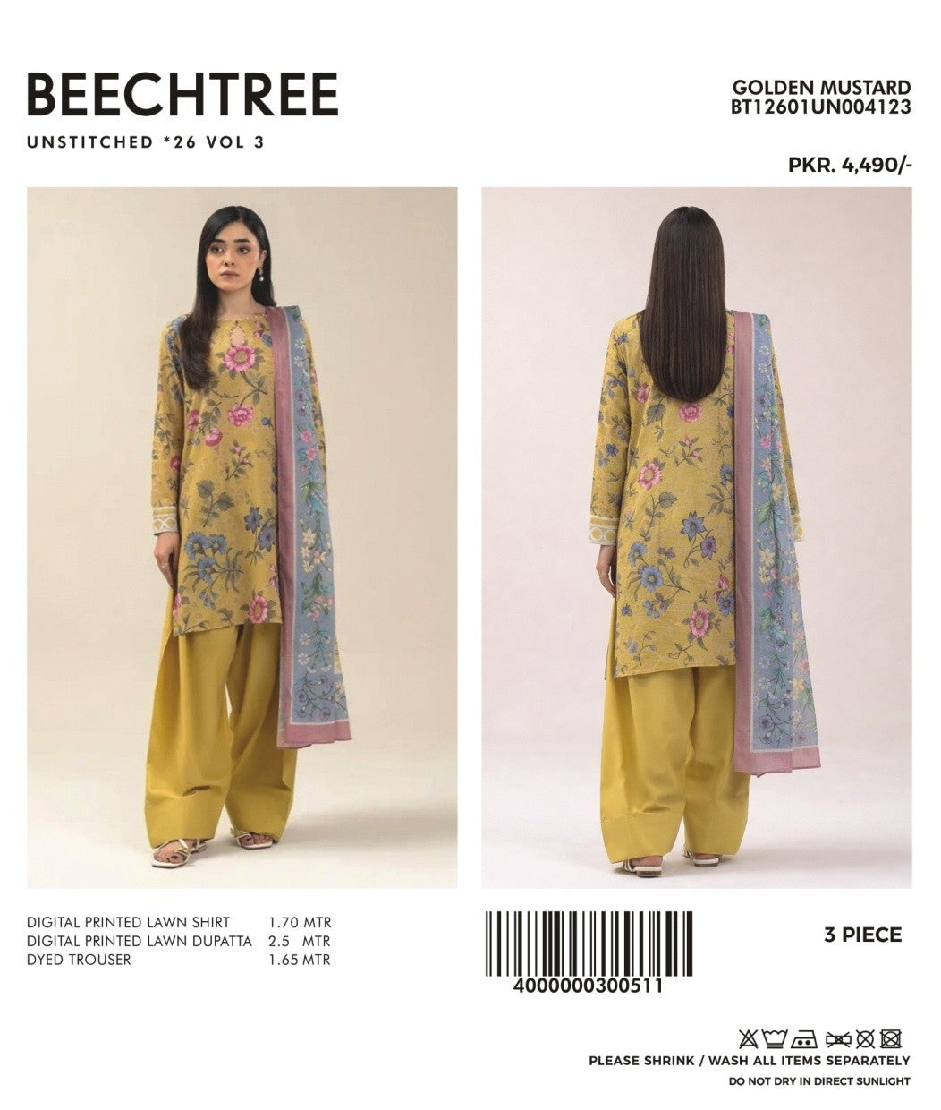 3 PIECE PRINTED LAWN SUIT-GOLDEN MUSTARD(UNSTITCHED)