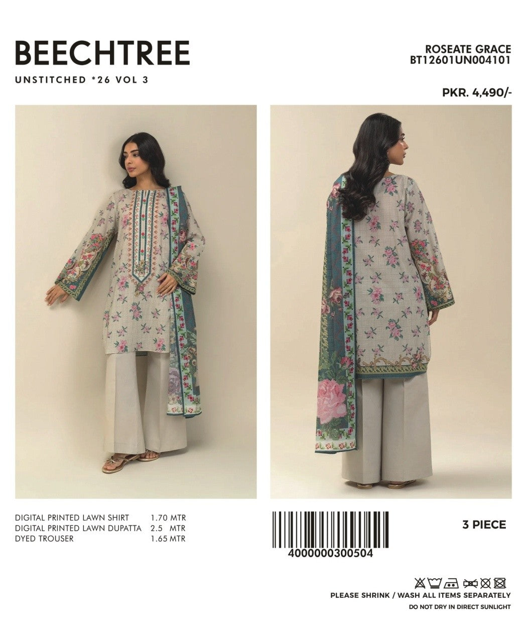 3 PIECE PRINTED LAWN SUIT-ROSATE GRACE (UNSTITCHED)