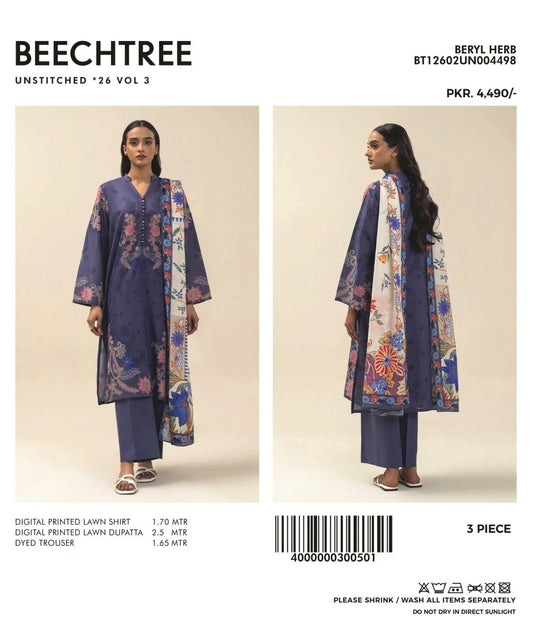 3 PIECE PRINTED LAWN SUIT-BERYL HERB (UNSTITCHED)