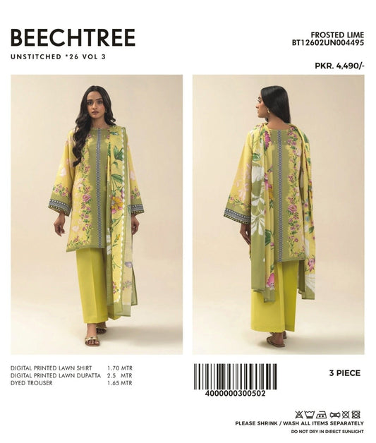 3 PIECE PRINTED LAWN SUIT-FROSTED LIME (UNSTITCHED)
