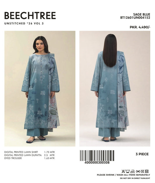 3 PIECE PRINTED LAWN SUIT-SAGE BLUE (UNSTITCHED)