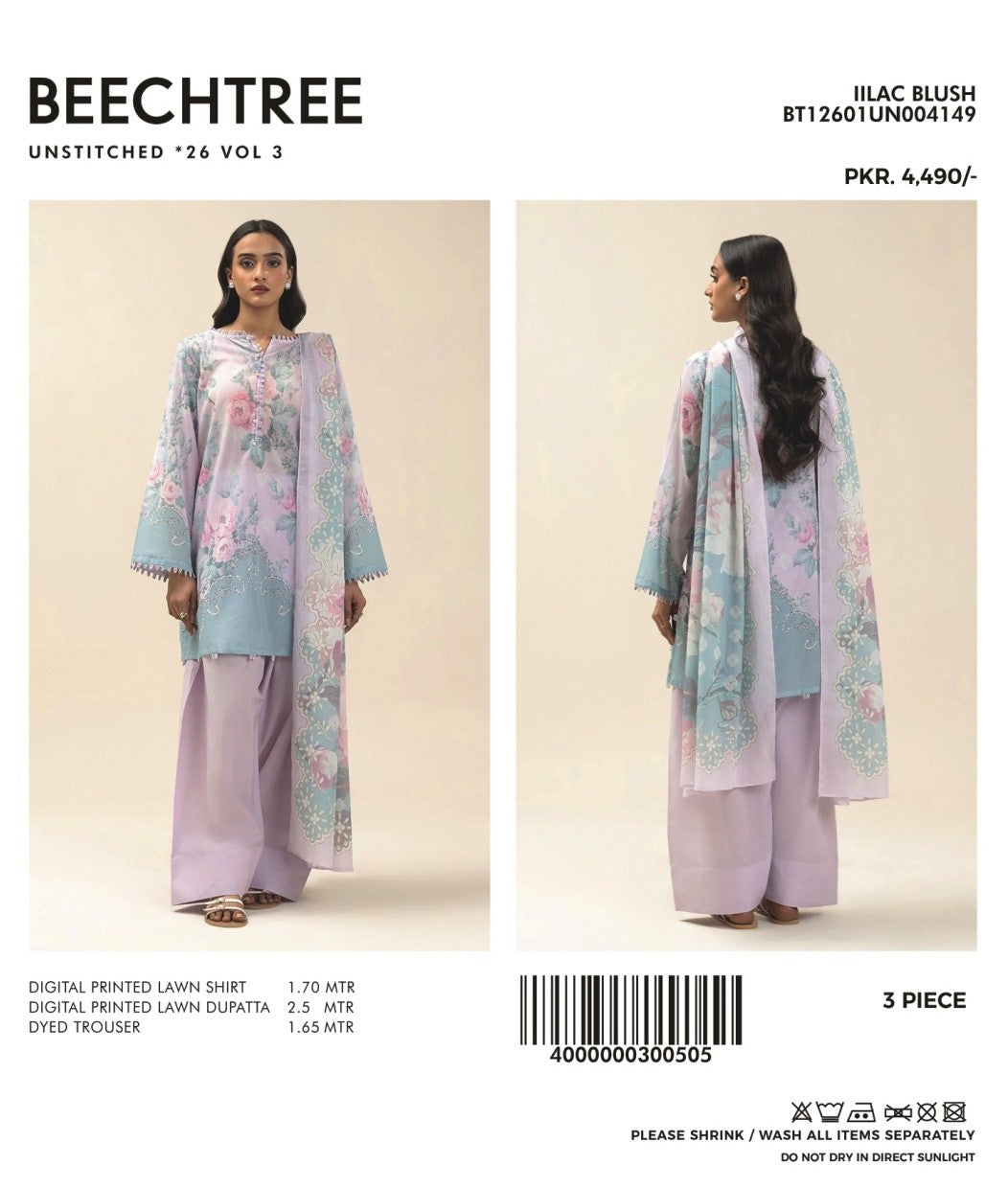 3 PIECE PRINTED LAWN SUIT-LILAC BLUSH(UNSTITCHED)