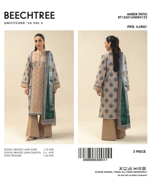 3 PIECE PRINTED LAWN SUIT-AMBER PATIO (UNSTITCHED)