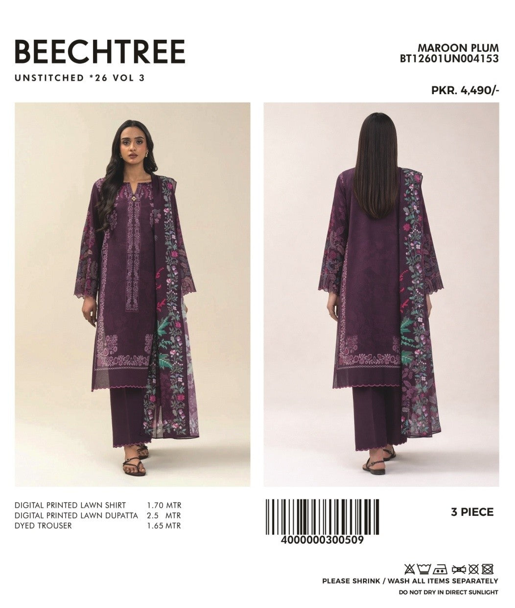 3 PIECE PRINTED LAWN SUIT-MAROON PLUM (UNSTITCHED)