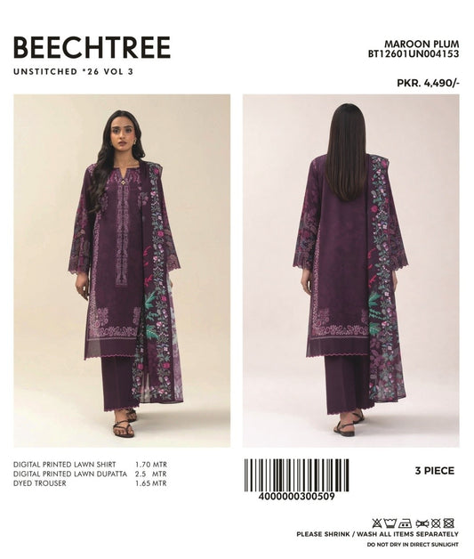 3 PIECE PRINTED LAWN SUIT-MAROON PLUM (UNSTITCHED)