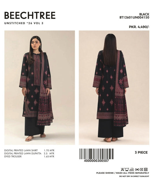 3 PIECE PRINTED LAWN SUIT-BLACK (UNSTITCHED)